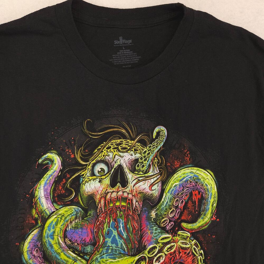 Six Flags Frightfest Long Sleeve Crew Neck T Shirt Mens Size Large L Black